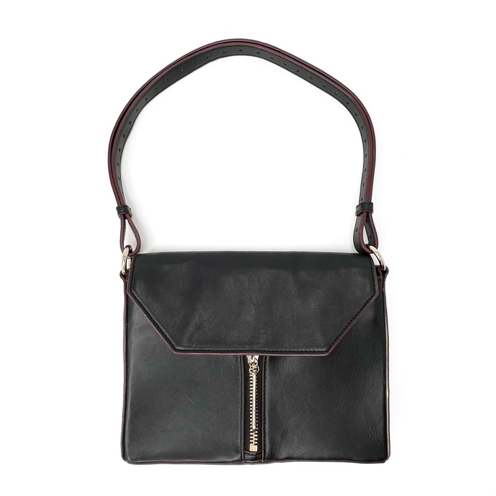 Pour La Victoire Slim Profile Shoulder Bag Black Leather Cherry Edging Flap Top